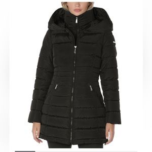 NWOT Laundry by Shelli Segal Black Bibbed Hooded Puffer Jacket Coat Size Small